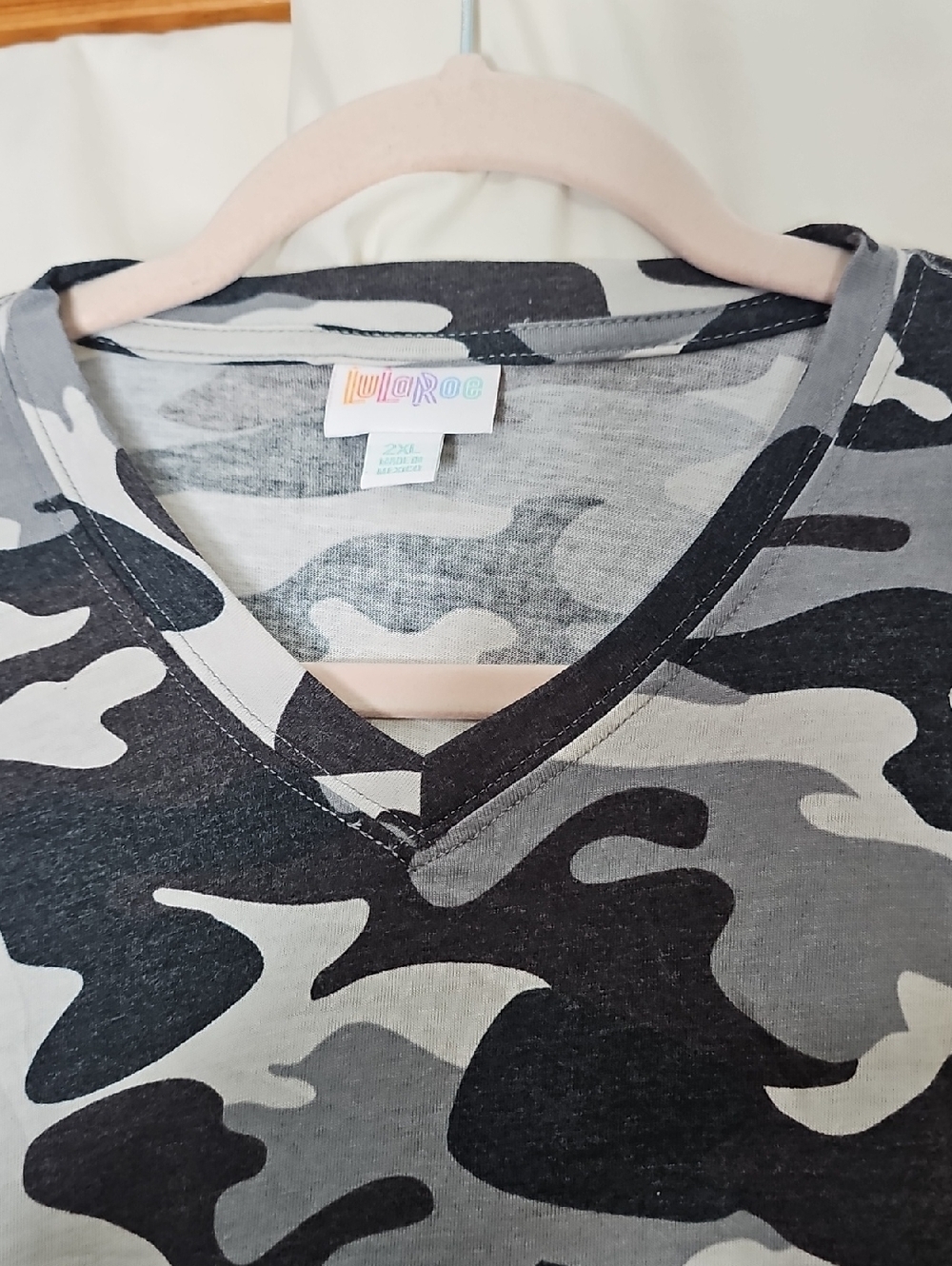 LuLaRoe V-Neck Short Sleeve Shirt - Black, Gray, White Camo - Picture 2 of 4